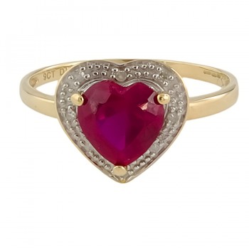 9ct Gold Lab Grown Ruby Heart / Diamond Cluster Ring Size R